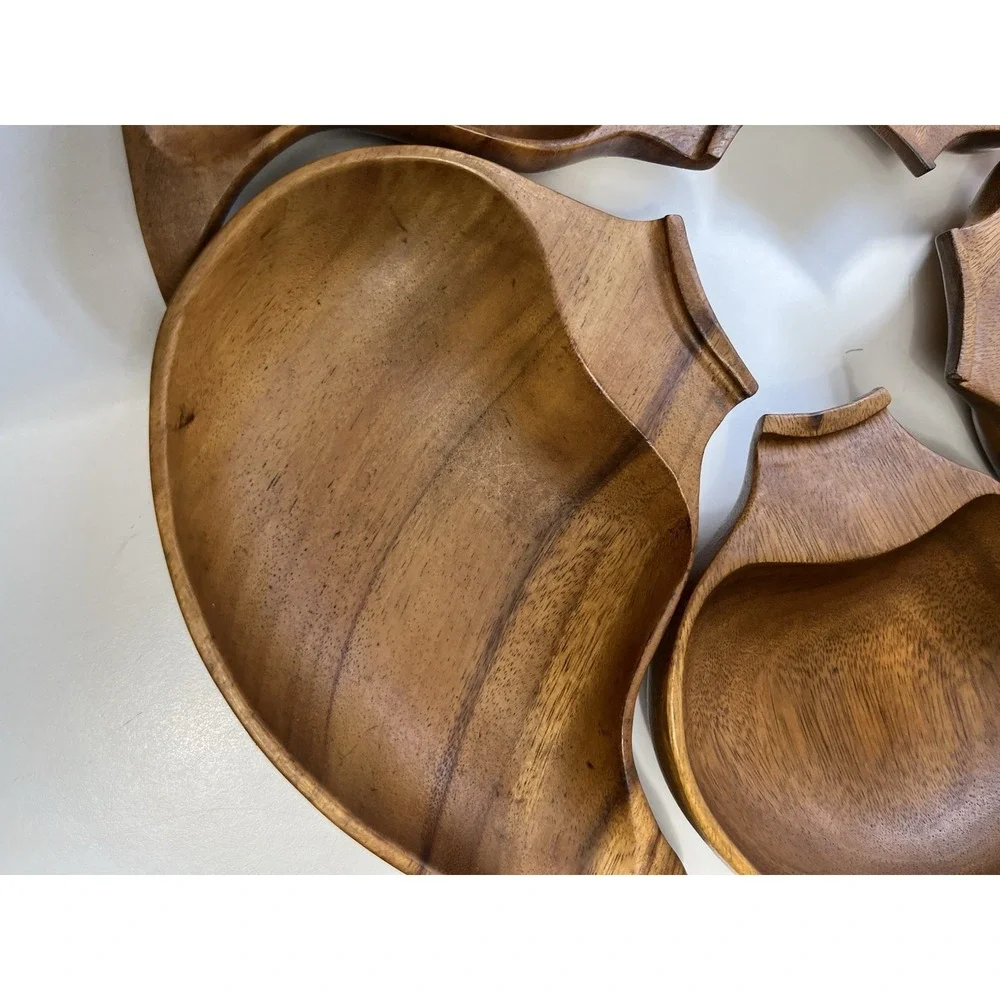 Vintage Mcm Monkeypod Wood Interlocking Leaf Serving Bowl Set Five Tiki Lazy Sus